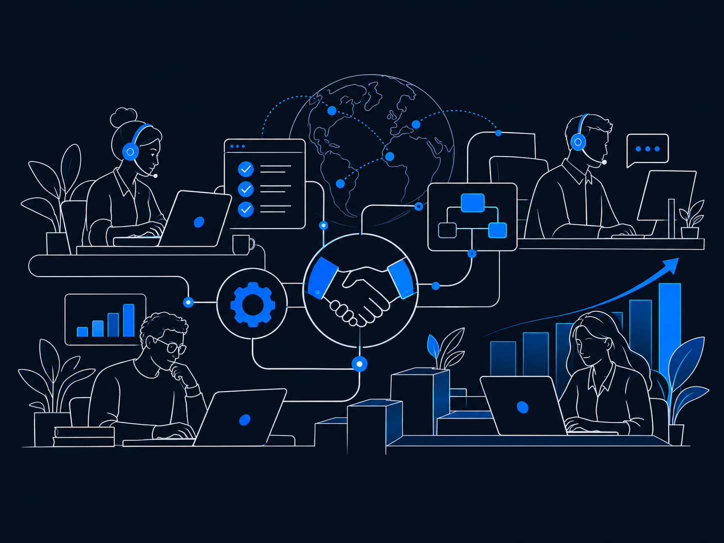 Line illustration of remote professionals at their desks, linked by a handshake, a globe, and shared tools